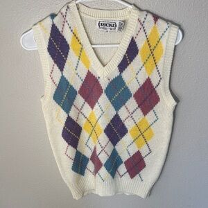 Ricki's Argyle V-Neck Sweater Vest - Cream, Yellow, Blue, Purple